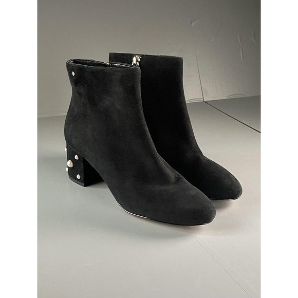 Kate Spade Boots Womens Size 7.5 Black Taraji Pearl Suede Block Heel Ankle - Picture 1 of 11